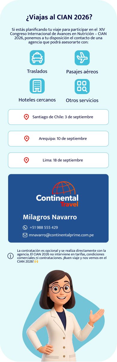 Banner agencia de viajes Continental Travel para el CIAN 2026 – Santiago 3 sep, Arequipa 10 sep, Lima 18 sep